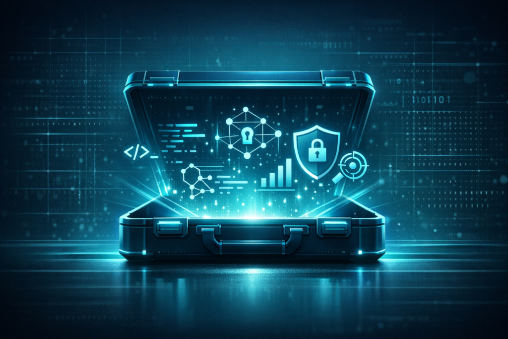 A minimalist cyber‑security illustration featuring a glowing digital toolkit opening to reveal abstract symbols like code fragments, network nodes, and shield icons in blue‑teal tones.