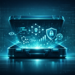 A minimalist cyber‑security illustration featuring a glowing digital toolkit opening to reveal abstract symbols like code fragments, network nodes, and shield icons in blue‑teal tones.