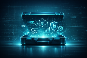 A minimalist cyber‑security illustration featuring a glowing digital toolkit opening to reveal abstract symbols like code fragments, network nodes, and shield icons in blue‑teal tones.