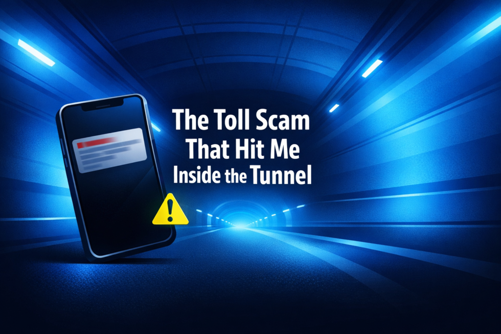 A minimalist cyber‑security thumbnail featuring a blue‑lit tunnel, a tilted smartphone with a blurred scam notification, bold white title text reading “The Toll Scam That Hit Me Inside the Tunnel,” and a small neon warning triangle accent.