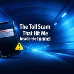 A minimalist cyber‑security thumbnail featuring a blue‑lit tunnel, a tilted smartphone with a blurred scam notification, bold white title text reading “The Toll Scam That Hit Me Inside the Tunnel,” and a small neon warning triangle accent.