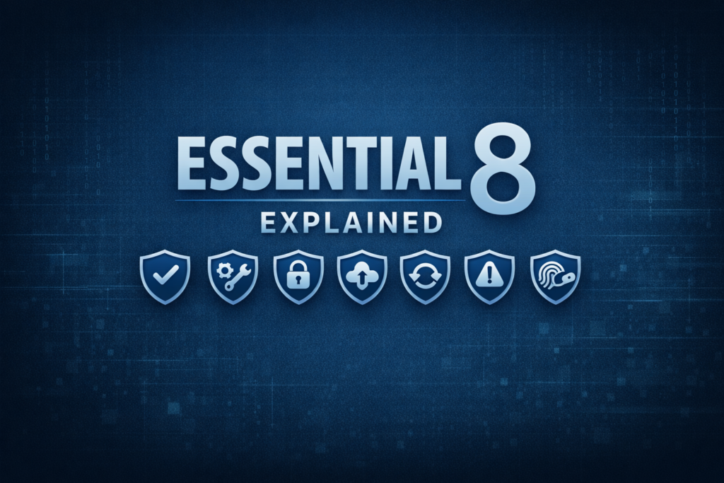 Essential 8 Explained title graphic showing blue text and eight minimalist security icons representing each control.