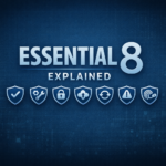 Essential 8 Explained title graphic showing blue text and eight minimalist security icons representing each control.