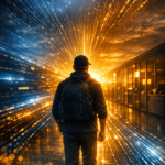 Silhouette wearing a backpack and cap facing a glowing digital horizon with blue and gold data streams converging into light.