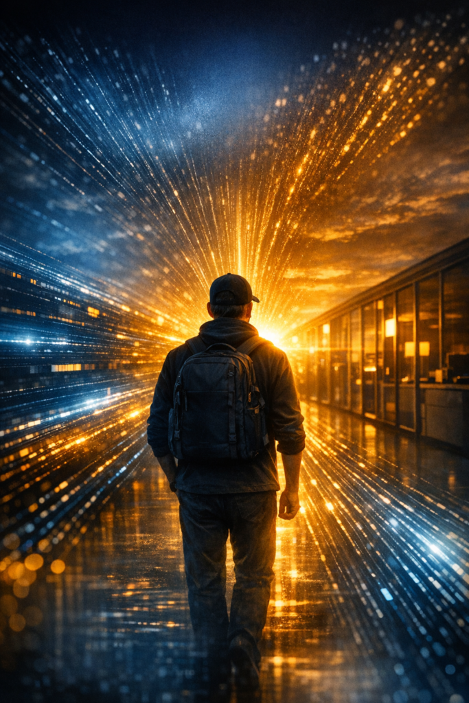 Silhouette wearing a backpack and cap facing a glowing digital horizon with blue and gold data streams converging into light.