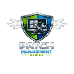 Shield-shaped logo for the Patch Management Series featuring a computer monitor with patch icons, crossed wrench and screwdriver, and circuit lines extending outward.