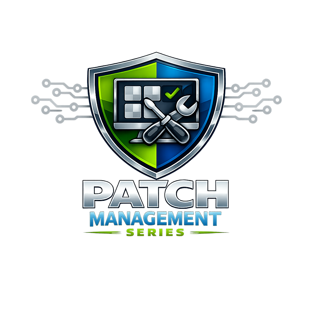 Shield-shaped logo for the Patch Management Series featuring a computer monitor with patch icons, crossed wrench and screwdriver, and circuit lines extending outward.
