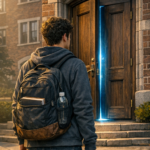 A university student with curly hair and a hoodie stands at a crossroads facing a slightly open wooden university door glowing with soft blue light.