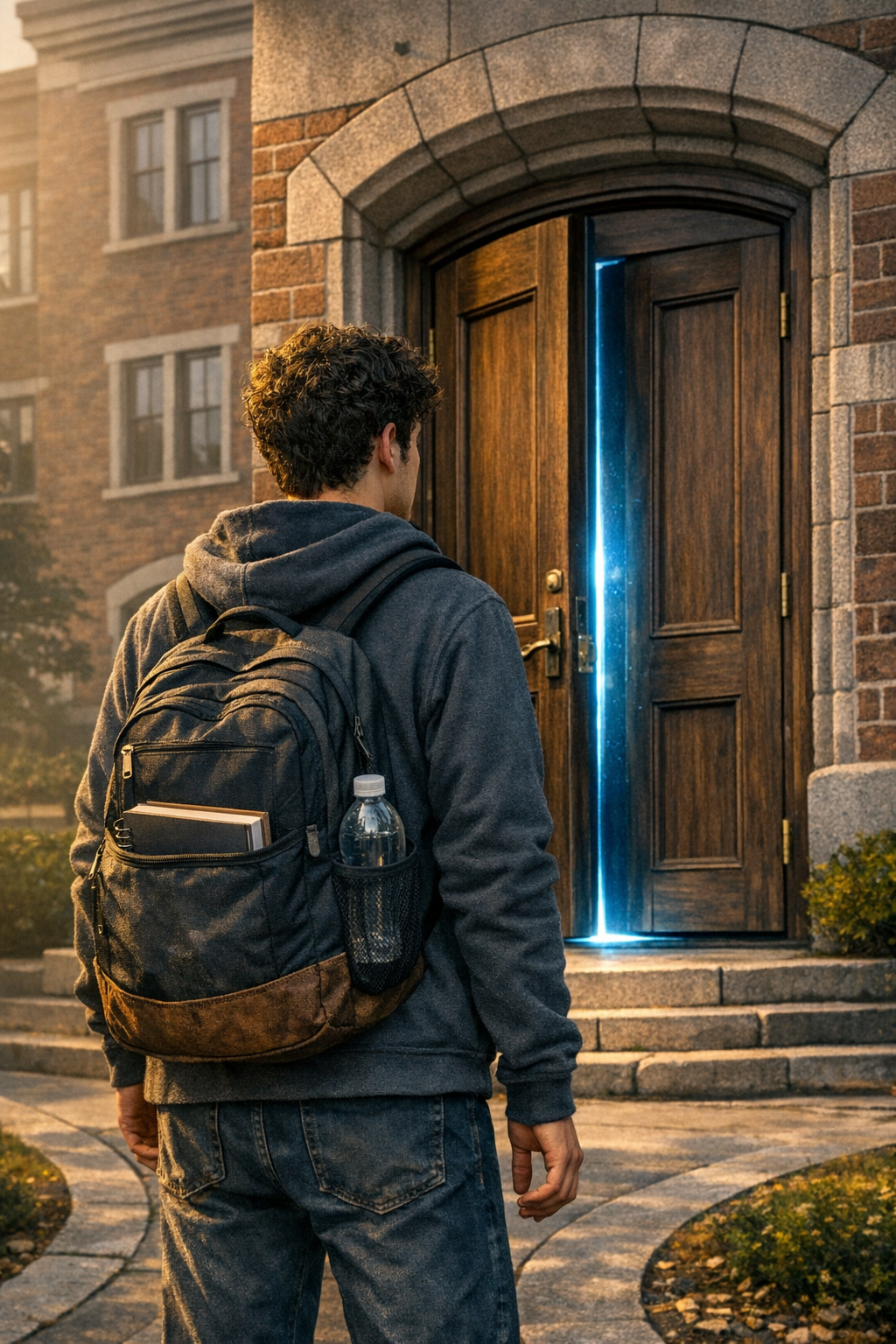 A university student with curly hair and a hoodie stands at a crossroads facing a slightly open wooden university door glowing with soft blue light.