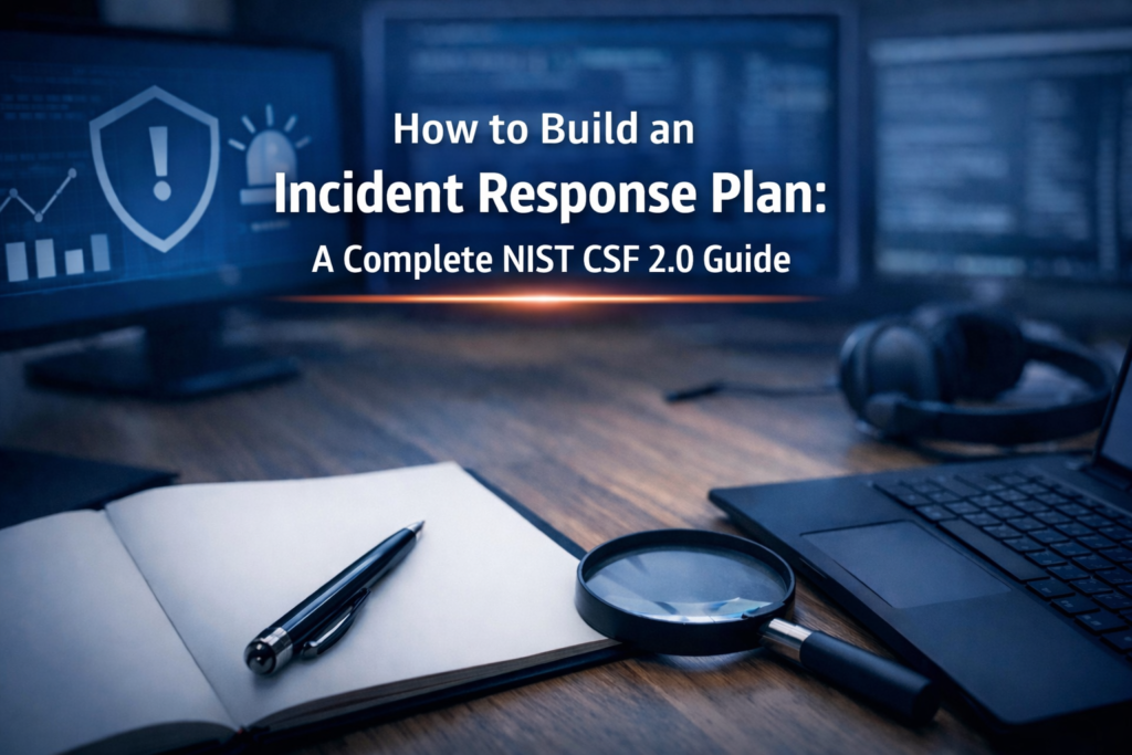 A cybersecurity-themed workspace featuring two monitors with data and security icons, a laptop, headphones, magnifying glass, and a blank notebook with a pen. The text overlay reads “How to Build an Incident Response Plan: A Complete CSF 2.0 Guide.”