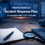 A cybersecurity-themed workspace featuring two monitors with data and security icons, a laptop, headphones, magnifying glass, and a blank notebook with a pen. The text overlay reads “How to Build an Incident Response Plan: A Complete CSF 2.0 Guide.”