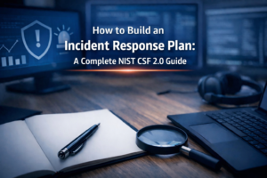 A cybersecurity-themed workspace featuring two monitors with data and security icons, a laptop, headphones, magnifying glass, and a blank notebook with a pen. The text overlay reads “How to Build an Incident Response Plan: A Complete CSF 2.0 Guide.”