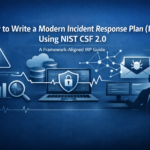Minimalist blue‑toned banner showing cybersecurity icons, a laptop with a shield, and the title “How to Write a Modern Incident Response Plan (IRP) Using NIST CSF 2.0.”