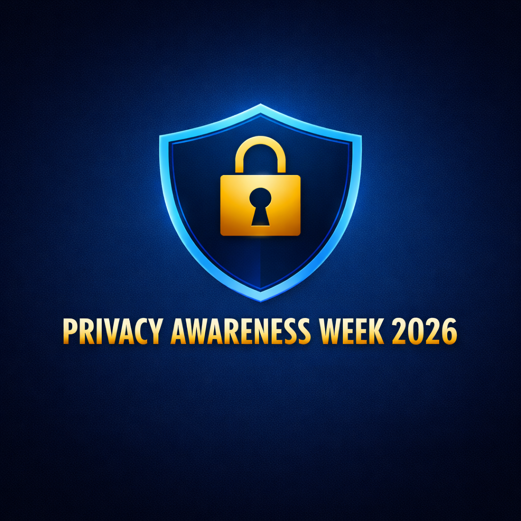 A glowing blue shield with a golden padlock centered above metallic gold text reading “PRIVACY AWARENESS WEEK 2026” on a dark background.