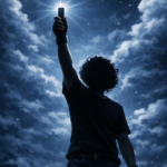 Silhouette of a curly‑haired figure wearing a black T‑shirt and dark blue jeans, holding a glowing USB drive aloft against a dramatic night sky filled with clouds and stars.