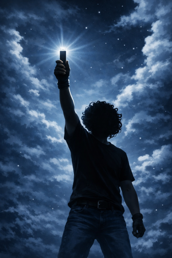Silhouette of a curly‑haired figure wearing a black T‑shirt and dark blue jeans, holding a glowing USB drive aloft against a dramatic night sky filled with clouds and stars.