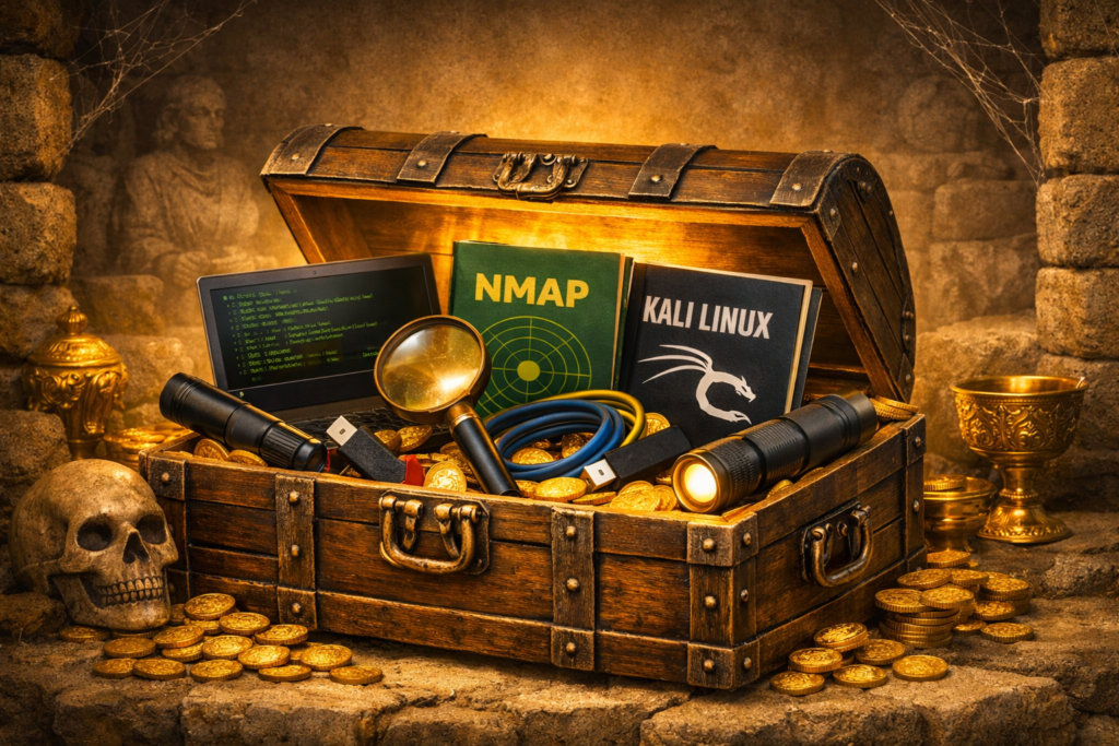 Cybersecurity treasure chest glowing with golden light, filled with investigation tools like Nmap, Kali, and logs, styled like an Indiana Jones archaeological discovery.