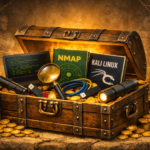 Cybersecurity treasure chest glowing with golden light, filled with investigation tools like Nmap, Kali, and logs, styled like an Indiana Jones archaeological discovery.