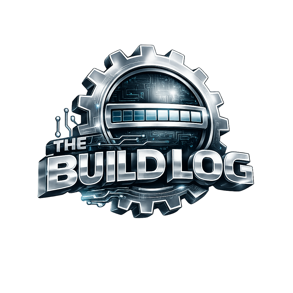 A metallic cyber‑themed “The Build Log” logo featuring a chrome gear, glowing circuit lines, and a digital progress bar.