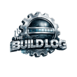 A metallic cyber‑themed “The Build Log” logo featuring a chrome gear, glowing circuit lines, and a digital progress bar.