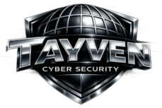 Tayven Cyber Security logo featuring metallic shield and globe design on transparent background.