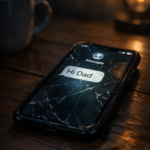 Cracked smartphone on a dark table at night displaying a text message notification that says “Hi Dad,” symbolising the start of a scam.