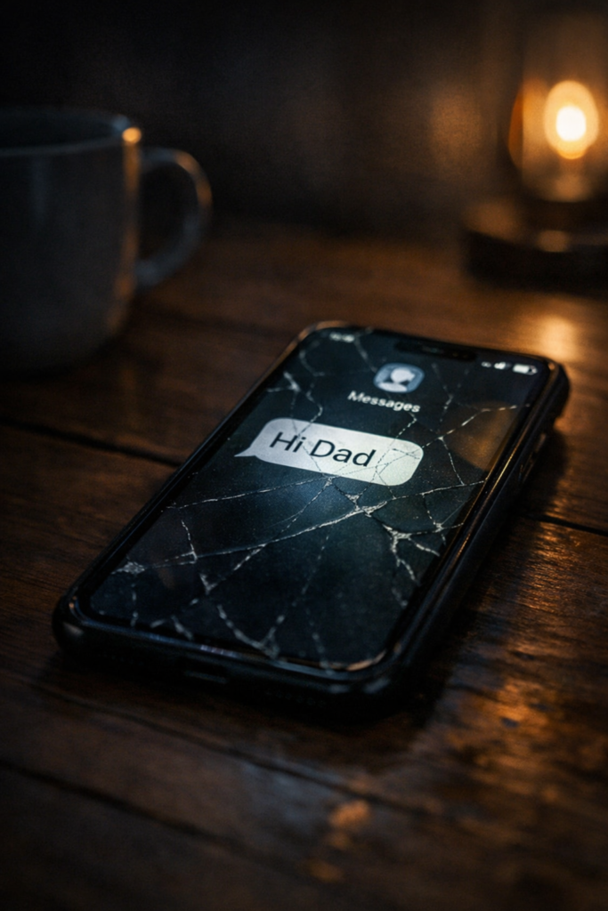 Cracked smartphone on a dark table at night displaying a text message notification that says “Hi Dad,” symbolising the start of a scam.