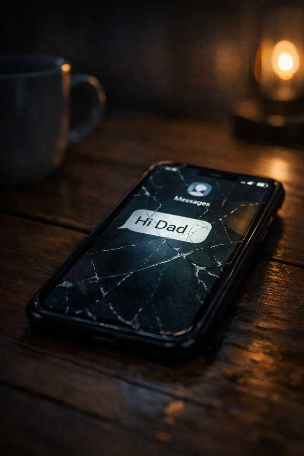 Cracked smartphone on a dark table at night displaying a text message notification that says “Hi Dad,” symbolising the start of a scam.