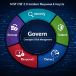 Circular NIST CSF 2.0 diagram with a dark‑navy “Govern” center and five equal outer segments labeled Identify, Protect, Detect, Respond, and Recover, each with its own color and icon on a cyber‑themed background.
