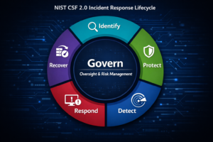 Circular NIST CSF 2.0 diagram with a dark‑navy “Govern” center and five equal outer segments labeled Identify, Protect, Detect, Respond, and Recover, each with its own color and icon on a cyber‑themed background.