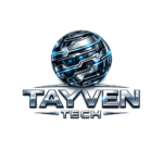 Tayven Tech logo featuring a chrome sphere with blue circuit patterns above bold text.