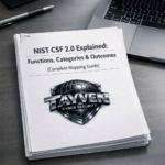 A printed document titled “NIST CSF 2.0 Explained: Functions, Categories & Outcomes (Complete Mapping Guide)” lies on a modern corporate desk beside a MacBook Pro. The Tayven Cyber Security logo is stamped on the top page, and the document is neatly stapled in the top‑left corner, ready to be read.