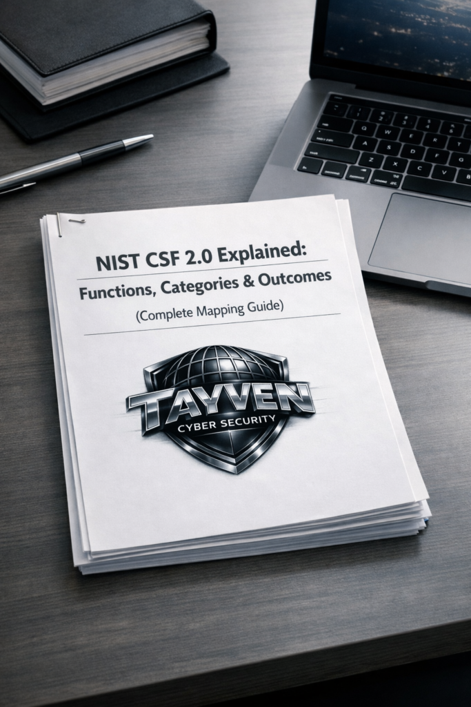 A printed document titled “NIST CSF 2.0 Explained: Functions, Categories & Outcomes (Complete Mapping Guide)” lies on a modern corporate desk beside a MacBook Pro. The Tayven Cyber Security logo is stamped on the top page, and the document is neatly stapled in the top‑left corner, ready to be read.