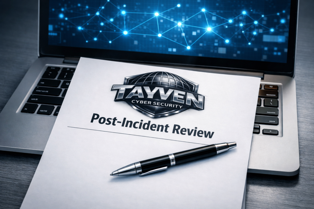 A printed Post‑Incident Review document with the Tayven Cyber Security logo resting on a laptop keyboard, showing a blue digital network map on the screen and a silver pen placed diagonally across the page.