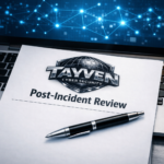 A printed Post‑Incident Review document with the Tayven Cyber Security logo resting on a laptop keyboard, showing a blue digital network map on the screen and a silver pen placed diagonally across the page.
