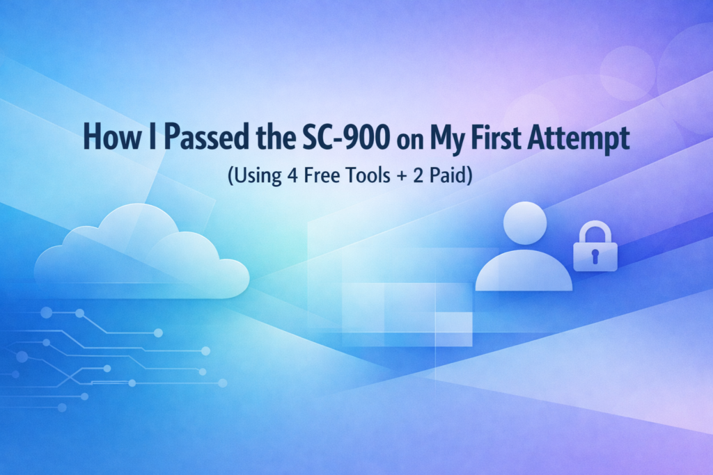 Minimal, modern abstract background in Microsoft‑style gradients of blue, teal, and purple with geometric shapes and icons representing cloud, identity, and security. Title text reads “How I Passed the SC‑900 on My First Attempt (Using 4 Free Tools + 2 Paid)."