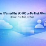 Minimal, modern abstract background in Microsoft‑style gradients of blue, teal, and purple with geometric shapes and icons representing cloud, identity, and security. Title text reads “How I Passed the SC‑900 on My First Attempt (Using 4 Free Tools + 2 Paid)."