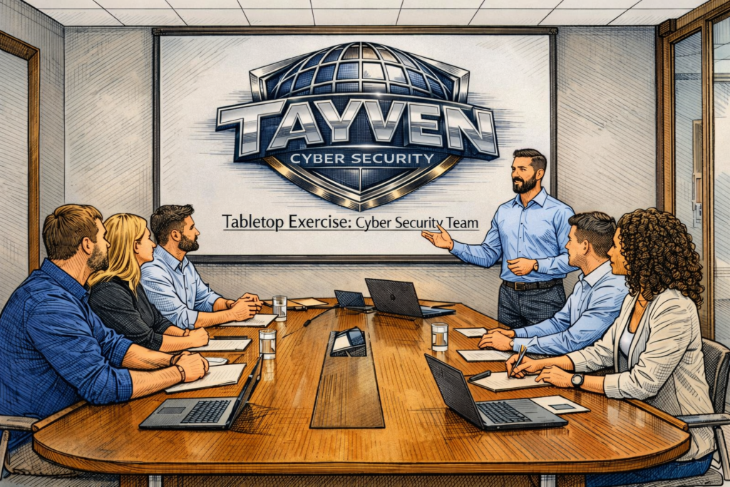 A cybersecurity team sits around a conference table while a facilitator leads a tabletop exercise. The screen behind them displays the Tayven Cyber Security logo and the words “Tabletop Exercise: Cyber Security Team.”
