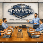 A cybersecurity team sits around a conference table while a facilitator leads a tabletop exercise. The screen behind them displays the Tayven Cyber Security logo and the words “Tabletop Exercise: Cyber Security Team.”