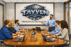 A cybersecurity team sits around a conference table while a facilitator leads a tabletop exercise. The screen behind them displays the Tayven Cyber Security logo and the words “Tabletop Exercise: Cyber Security Team.”