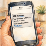 A hand‑drawn, softly coloured illustration showing a person holding a smartphone displaying a fake ATO tax refund SMS message. The banner at the top reads “ATO Tax Scams: How to Spot One and What to Look Out For.”