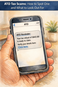 A hand‑drawn, softly coloured illustration showing a person holding a smartphone displaying a fake ATO tax refund SMS message. The banner at the top reads “ATO Tax Scams: How to Spot One and What to Look Out For.”