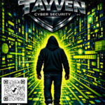 Futuristic comic-style cover showing a hooded figure walking into a glowing digital corridor beneath the Tayven Cyber Security logo.