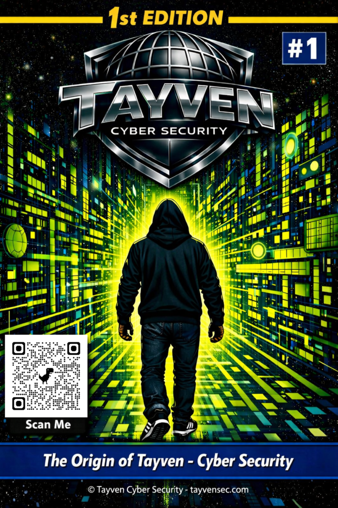 Futuristic comic-style cover showing a hooded figure walking into a glowing digital corridor beneath the Tayven Cyber Security logo.